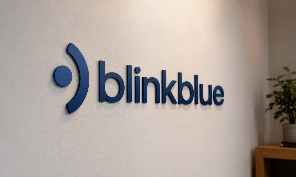 Blink Blue logo mounted on the office wall