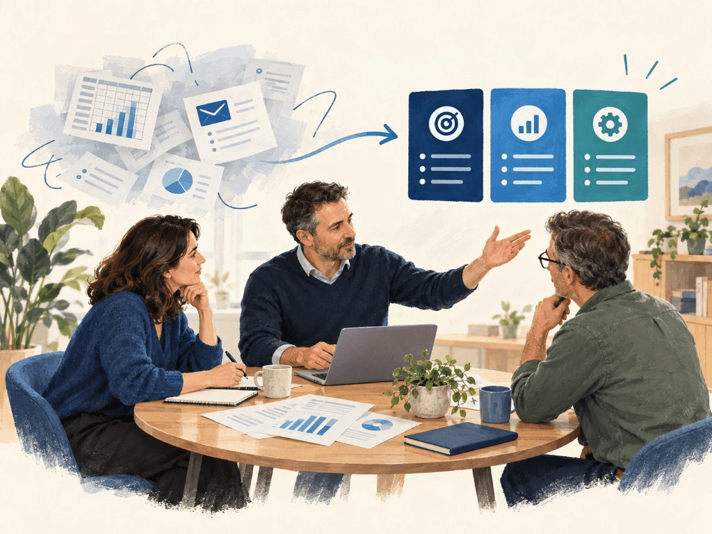 A business owner and managers working with a consultant to explore where data and AI could help.