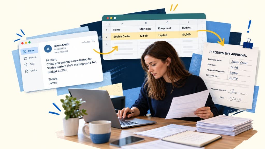 The same laptop request shown as an email, a spreadsheet row and a paper approval form, while the work is still done by hand.