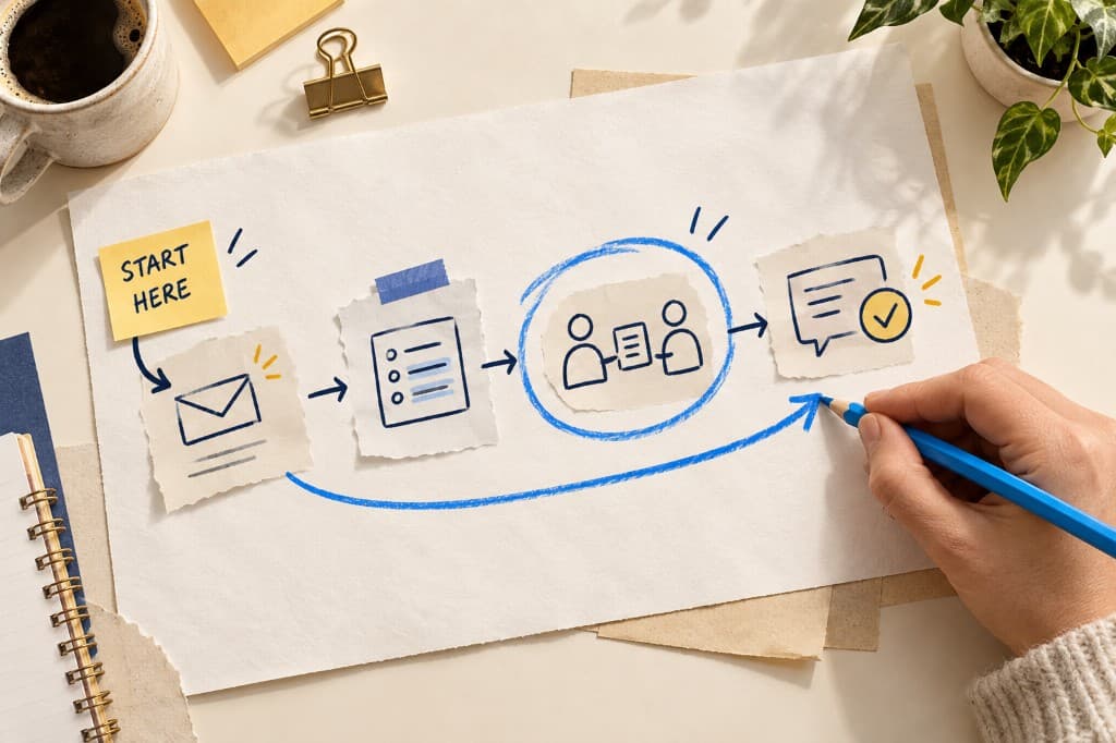 A sketched process from an email through a form to a circled handoff, with a simpler route drawn toward a confirmed step.