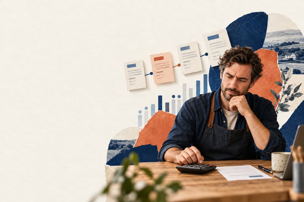 A business owner at a wooden desk with a calculator and invoice, beside a chain of documents from completed work toward payment.