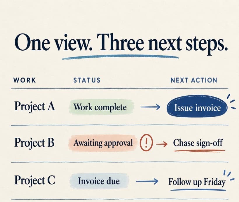 One shared view of three jobs: completed work ready to invoice, an approval still to chase, and an invoice due for follow-up on Friday.