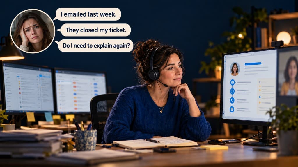 A support adviser at her desk. A customer asks: I emailed last week. They closed my ticket. Do I need to explain again?