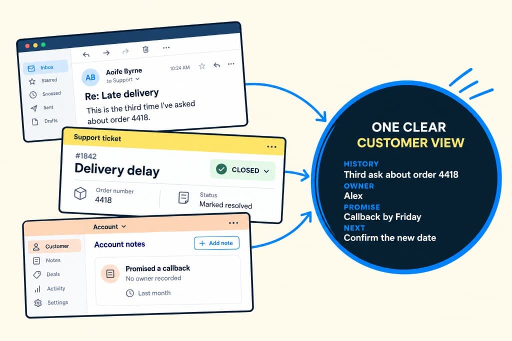 An inbox message, a closed support ticket and account notes for the same late delivery, resolving into one clear customer view with history, owner, promise and next action.