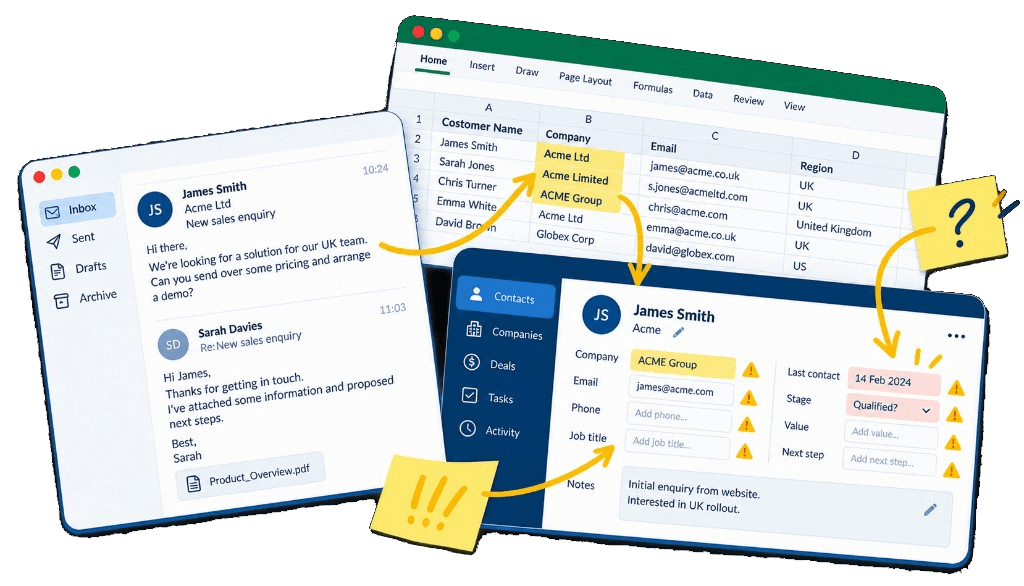 An email sales enquiry, a spreadsheet of the same customer filed under different company names, and a CRM record with missing details.