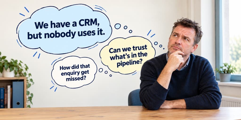 A business owner considering problems with CRM adoption, pipeline information and missed enquiries.