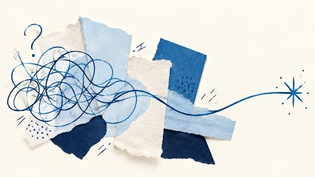 A paper collage of tangled blue lines and a question mark that resolve into one clear line ending in a star.