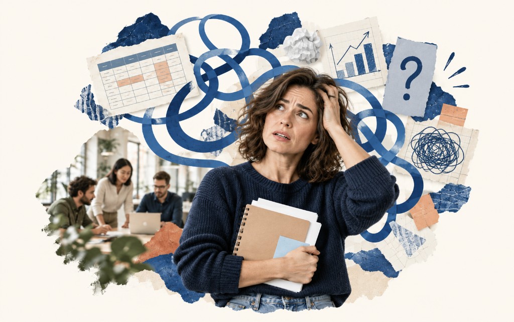 A worried business owner holding notebooks, with her team behind her and illustrated notes for a spreadsheet, a chart, a question mark and a tangled sketch.