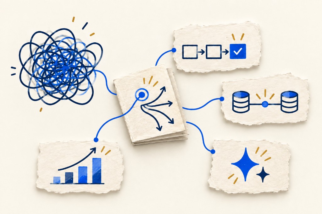 A tangled business problem leading to different next steps, including a clearer process, connected systems, useful reporting, and a practical use of AI.